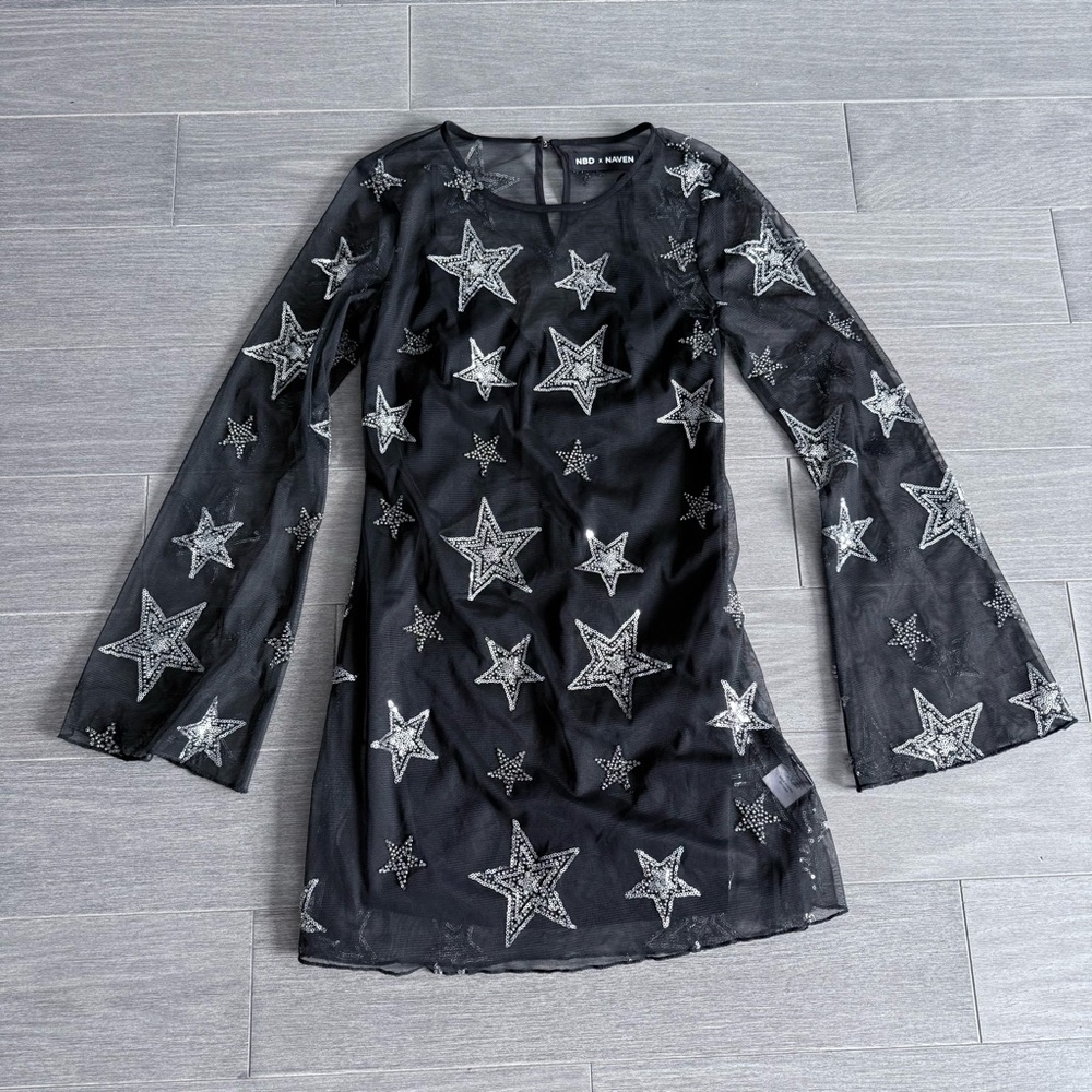 NBD x Naven Starry Night Dress in Black XXS Star Sequins Embellished Sheer Mesh - Picture 5 of 16